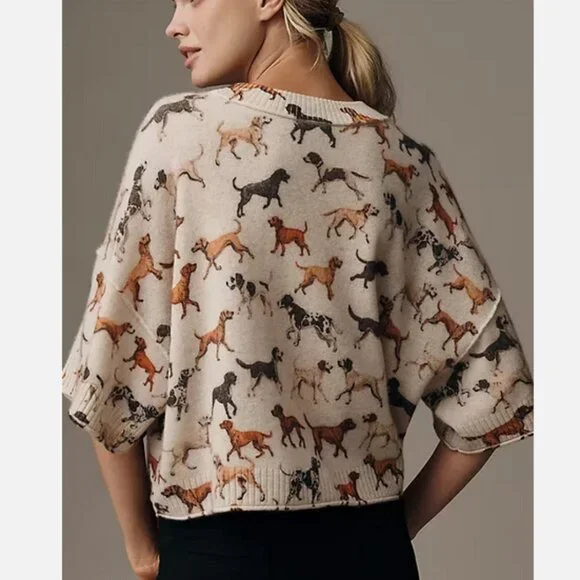 Anthropologie The Goldie Crew-Neck Cashmere Sweater Dog Dogs Size S NWT Puppies - Picture 2 of 6